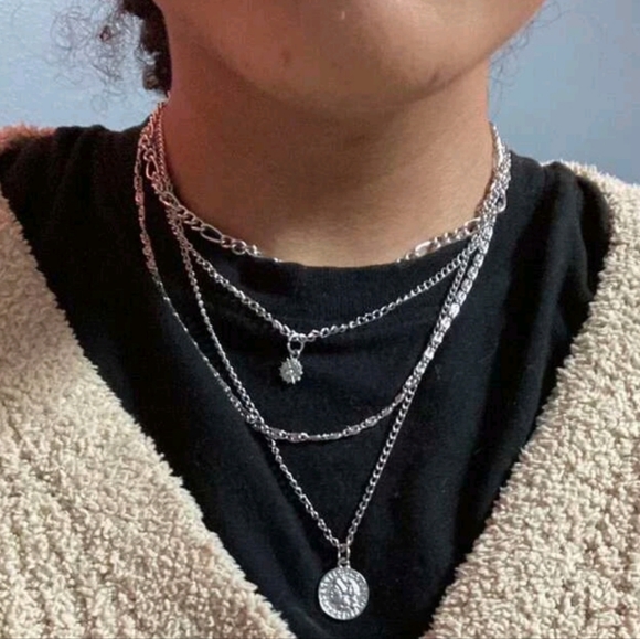 Silver chain Layered Necklace coin pendant statement boho Jewelry 💖2/$30 - Picture 11 of 15